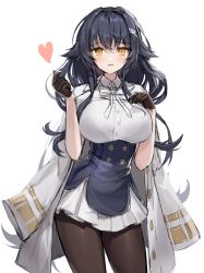 Rule 34 | 1girl, absurdres, azuma (azur lane), azur lane, black gloves, black pantyhose, bra visible through clothes, breasts, gloves, hair between eyes, half gloves, heart, highres, hyoin, jacket, jacket on shoulders, large breasts, long hair, looking at viewer, miniskirt, pantyhose, pleated skirt, purple hair, simple background, skirt, solo, white background, white jacket, white skirt, yellow eyes