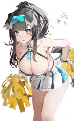 Rule 34 | 1girl, animal ears, black hair, blue archive, blue eyes, blue skirt, blunt bangs, breasts, character name, cheerleader, cleavage, clothes writing, dog ears, dog girl, dog tail, eyewear on head, hibiki (blue archive), hibiki (cheer squad) (blue archive), highres, large breasts, long hair, looking at viewer, millennium cheerleader outfit (blue archive), pom pom (cheerleading), ponytail, simple background, skirt, solo, standing, sunglasses, tail, thighs, two-tone skirt, white background, white skirt, yonchan