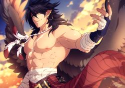 Rule 34 | 1boy, abs, bandages, bara, black hair, cowboy shot, crescentia fortuna, feather necklace, feathered wings, fingerless gloves, fire emblem, fire emblem: radiant dawn, gloves, large pectorals, leather belt, looking at viewer, male focus, medium hair, muscular, muscular male, navel, nintendo, nipples, pectorals, pointy ears, scar, scar on chest, topless male, sidelocks, smile, solo, spread wings, stomach, tibarn (fire emblem), wind, wings, yellow eyes