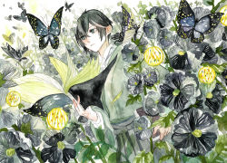 Rule 34 | androgynous, black flower, black hair, book, bug, butterfly, cowboy shot, dutch angle, en4xx, flower, gender request, grey eyes, hakama, hakama skirt, holding, holding book, insect, japanese clothes, male focus, open book, outdoors, painting (medium), skirt, solo, traditional media, watercolor (medium)