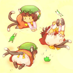 Rule 34 | 1girl, aged down, all fours, animal ears, bloomers, brown hair, cat ears, cat girl, cat tail, chasing, chen, chibi, dress, earrings, fallen down, female focus, frog, hat, jewelry, lying, moimoi, moimooi, multiple tails, musical note, on back, ribbon, shoes, short hair, simple background, socks, tail, touhou, underwear, | |
