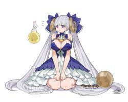 Rule 34 | 1girl, :&lt;, bare shoulders, between breasts, blue choker, blue dress, blunt bangs, bow, breasts, chain, choker, cleavage, closed mouth, collarbone, commentary request, commission, dress, frilled dress, frills, full body, grey hair, hair bow, hair ornament, highres, keyhole, kkaebing, large breasts, legs folded, long hair, looking at another, off shoulder, original, rabbit, seiza, simple background, sitting, solo, twintails, very long hair, white background, white dress