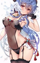 Rule 34 | 1girl, ahoge, backless outfit, bare shoulders, bell, black gloves, black thighhighs, blue hair, blush, breasts, cleavage, collarbone, covered navel, ganyu (genshin impact), garter straps, genshin impact, gloves, highres, horns, ice, jewelry, lace, lace-trimmed legwear, lace trim, large breasts, lingerie, long hair, looking at viewer, pendant, purple eyes, seiru (prairie), sideboob, thighhighs, thighs, underwear, vision (genshin impact)