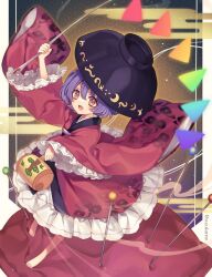Rule 34 | 1girl, :d, barefoot, black hat, bowl, bowl hat, frilled kimono, frilled sleeves, frills, full body, hat, highres, holding, holding mallet, holding needle, japanese clothes, kimono, kyouda suzuka, long sleeves, looking at viewer, mallet, medium hair, miracle mallet, needle, open mouth, purple hair, red eyes, red kimono, smile, solo, sukuna shinmyoumaru, touhou, wide sleeves