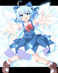 Rule 34 | 1girl, ahoge, blue bow, blue dress, blue eyes, blue hair, bow, bowtie, brown hair, cirno, commentary request, do (4-rt), dress, hair bow, highres, ice, ice wings, legs apart, letterboxed, looking at viewer, open mouth, outstretched arms, puffy short sleeves, puffy sleeves, red bow, red bowtie, shoes, short hair, short sleeves, simple background, snowflake background, socks, solo, touhou, white background, white socks, wings