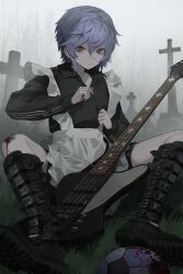 Rule 34 | 1boy, androgynous, apron, ball, black jacket, black nails, blood, blood stain, blue hair, boots, brown eyes, crossdressing, earrings, eyeliner, fog, frilled apron, frills, graveyard, grey hair, guitar, highres, instrument, jacket, jersey maid, jewelry, jiz (pffbq), looking at viewer, maid, makeup, male focus, nail polish, on grass, original, scraped knee, shorts, sitting, soccer ball, solo, spread legs, tombstone, tree, unconventional maid