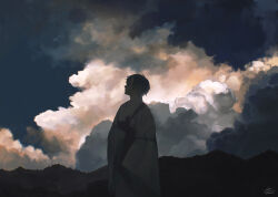Rule 34 | 1boy, black hair, blue eyes, closed mouth, cloud, cloudy sky, commentary, commentary request, cowboy shot, expressionless, from side, hand on own stomach, high contrast, highres, hise, horns, japanese clothes, kimono, long sleeves, looking up, male focus, mountain, oni, original, shadow, short hair, sky, solo, standing, white kimono, wide sleeves