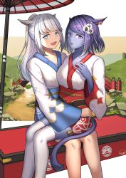 Rule 34 | 2girls, andonoz, animal ears, black skin, blue eyes, breasts, cat ears, cat girl, cat tail, colored skin, earrings, facial mark, fang, final fantasy, final fantasy xiv, flower, hair flower, hair ornament, highres, japanese clothes, jewelry, kimono, large breasts, long hair, looking at viewer, miqo&#039;te, multiple girls, obi, oil-paper umbrella, open mouth, ponytail, purple eyes, purple hair, sash, scar, scar across eye, scar on face, short hair, sitting, sitting on lap, sitting on person, tail, thighhighs, umbrella, warrior of light (ff14), whisker markings, white hair, white legwear, yukata