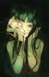 Rule 34 | 1girl, absurdres, artist name, black hair, blue eyes, closed mouth, dark background, hair between eyes, hand on own cheek, hand on own face, highres, kawakami tomie, long hair, looking at viewer, mole, mole under eye, sidelocks, silly chaotic, simple background, smile, solo, tomie, upper body