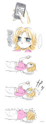 Rule 34 | ..., 1girl, alternate costume, arm up, blanket, blonde hair, blue eyes, blush, cellphone, comic, dropping, futon, hands on own face, highres, kagamine rin, lying, no hairclip, on back, pain, phone, pillow, pink shirt, poaro, reading, shirt, short hair, silent comic, sleeves pushed up, smartphone, solo, translation request, trembling, under covers, vocaloid