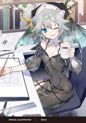 Rule 34 | 1girl, blue eyes, book, breasts, chair, cup, date a live, dress, eraser, grey hair, habit, highres, holding, holding cup, honjou nia, indoors, looking at viewer, mangaka, navel, noco (adamas), nun, one eye closed, panties, pen, ruler, see-through, see-through dress, short hair, sitting, small breasts, smile, solo, third-party source, underwear