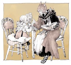 Rule 34 | 1boy, 1girl, animal ears, arm wrap, black footwear, black robe, book, border, cat ears, chair, closed eyes, cropped jacket, crystal, crystal exarch, crystallization, cushion, dated, facial mark, final fantasy, final fantasy xiv, flower, from side, full body, g&#039;raha tia, hashtag only commentary, hatching (texture), highres, holding, holding book, holding quill, hood, hood down, hooded jacket, hooded robe, itowff14, jacket, lalafell, low twintails, material growth, medium hair, miqo&#039;te, outside border, pointy ears, quill, robe, sandals, sepia, shoes, short hair, signature, simple background, sitting, smile, table, twintails, vase, warrior of light (ff14), white border, white jacket, writing, yellow background