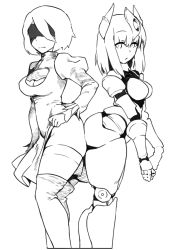 Rule 34 | 2girls, android, ass, ass-to-ass, automaton (monster girl encyclopedia), blindfold, breasts, cleavage, cleavage cutout, clothing cutout, crossover, curvy, looking at viewer, medium breasts, monster girl, monster girl encyclopedia, multiple girls, nier (series), nier:automata, robot, robot girl, sketch, thick thighs, thighs, 2b (nier:automata)