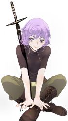 Rule 34 | 1girl, boots, chako (yuuzome8), cosplay, highres, ichigou (kekkaishi), ichigou (kekkaishi) (cosplay), kakeru (kekkaishi), kekkaishi, purple eyes, purple hair, short hair, solo, sword, weapon