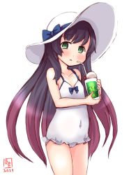 Rule 34 | 1girl, alternate costume, blue bow, blush, bow, dated, food, frills, green eyes, hat, hat bow, highres, ice cream, ice cream float, kanon (kurogane knights), kantai collection, matsuwa (kancolle), multicolored hair, one-piece swimsuit, open mouth, pink hair, purple hair, simple background, swimsuit, white background, white hat, white one-piece swimsuit