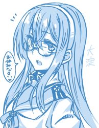 Rule 34 | 1girl, blue theme, character name, commentary request, epaulettes, glasses, hairband, highres, kantai collection, looking at viewer, monochrome, necktie, notice lines, ooyodo (kancolle), ototachibana rai, school uniform, serafuku, solo, translated, upper body