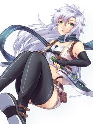 Rule 34 | 1girl, belt pouch, crop top, cropped jacket, dual wielding, eiyuu densetsu, elbow gloves, fie claussell, fingerless gloves, floating hair, gloves, gunblade, hair between eyes, highres, holding, kuro no kiseki, long hair, looking at viewer, pouch, rerecoro, scarf, simple background, solo, thighhighs, twitter username, weapon, white background, white hair