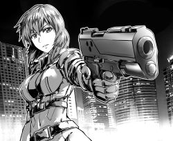 Rule 34 | 1girl, aiming, building, fish.boy, foreshortening, ghost in the shell, ghost in the shell stand alone complex, gloves, greyscale, gun, handgun, highres, kusanagi motoko, medium hair, midriff, monochrome, navel, parted lips, photo background, solo, tomboy, weapon
