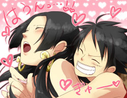 Rule 34 | black hair, blush, boa hancock, earrings, heart, highres, jewelry, long hair, monkey d. luffy, one piece, open mouth, sexually suggestive, smile, sss3