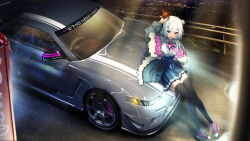 Rule 34 | 1girl, :d, arm up, black thighhighs, blue skirt, bow, bowtie, car, collared shirt, crown, english text, fur-trimmed jacket, fur trim, hair bun, highres, jacket, koharu rikka, light particles, looking at viewer, mini crown, motor vehicle, night, nissan s13 silvia, nissan silvia, open clothes, open jacket, open mouth, pink bow, pink bowtie, pink eyes, pink footwear, pleated skirt, shirt, shirt tucked in, shoes, short hair, sitting on car, skirt, smile, sneakers, solo, synthesizer v, thighhighs, white hair, white shirt, wide shot, you&#039;a