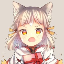 Rule 34 | 1girl, animal ear fluff, animal ears, blunt bangs, blush, bodysuit, breasts, cat ears, chocolate, fangs, gift, gloves, grey background, grey hair, hair ornament, highres, looking at viewer, nia (xenoblade), nintendo, open mouth, ribbon, scarf, short hair, small breasts, solo, surprised, umikamiko, valentine, white gloves, xenoblade chronicles (series), xenoblade chronicles 2, yellow eyes, yellow ribbon