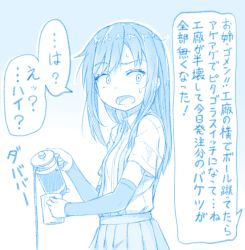 Rule 34 | 1girl, arm warmers, asashio (kancolle), blue theme, collared shirt, cup, gotou hisashi, hair between eyes, holding, holding cup, kantai collection, long hair, open mouth, pleated skirt, shirt, short sleeves, skirt, solo, speech bubble, spill, suspender skirt, suspenders, translation request