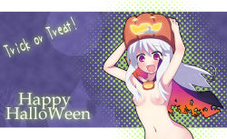 Rule 34 | 1girl, akino sora, armpits, bad id, bad pixiv id, breasts, cape, fang, fangs, halloween, happy, happy halloween, jack-o&#039;-lantern, long hair, naked cape, nude, original, pink eyes, pumpkin, pumpkin hat, small breasts, solo, torn clothes, trick or treat, white hair