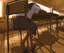 Rule 34 | 1girl, chair, classroom, desk, from behind, indoors, pinzu, pleated skirt, sandals, school, school desk, school uniform, serafuku, skirt, sleeping, solo