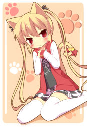 Rule 34 | 1girl, animal ears, bell, blonde hair, blush, cat ears, cat tail, hair ribbon, highres, knees together feet apart, long hair, masaki (machisora), original, outline, paw print, red eyes, ribbon, sitting, skirt, solo, tail, tail bell, tail ornament, thighhighs, wariza, white thighhighs