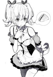 Rule 34 | 1girl, apron, blush, breasts, cleavage, closed mouth, detached sleeves, dice hair ornament, dress, food, frilled apron, frills, greyscale, hair between eyes, hair ornament, hair ribbon, medium breasts, monochrome, nose blush, original, puffy short sleeves, puffy sleeves, ribbon, ririko (zhuoyandesailaer), sandwich, short sleeves, sleeveless, sleeveless dress, solo, thighhighs, thought bubble, twintails, v-shaped eyebrows, waist apron