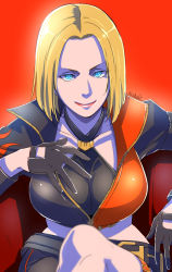 Rule 34 | 1girl, blonde hair, blue eyes, blue mary, breasts, butcha-u, cleavage, closed mouth, commentary request, fatal fury, gloves, highres, large breasts, crossed legs, lipstick, looking at viewer, makeup, midriff, short hair, simple background, smile, snk, solo, the king of fighters