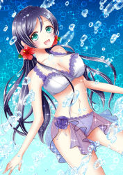 Rule 34 | 10s, 1girl, air bubble, bikini, black hair, blush, breasts, bubble, cleavage, female focus, flower, flower on head, frilled bikini, frills, gradient background, green eyes, hair ornament, highres, large breasts, long hair, looking at viewer, love live!, love live! school idol festival, love live! school idol project, navel, okino ren, open mouth, purple hair, sarong, smile, solo, swimsuit, tojo nozomi, twintails