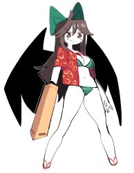 Rule 34 | &gt;:), 1girl, alternate costume, alternate footwear, arm cannon, arms at sides, bare legs, bikini, bird wings, black wings, bow, breasts, brown eyes, brown hair, cleavage, closed mouth, colored skin, commentary, cowlick, english commentary, flip-flops, floral print, from side, full body, green bikini, green bow, hair between eyes, hair bow, large bow, large wings, legs, legs apart, long hair, looking at viewer, medium breasts, navel, no nose, open clothes, open shirt, organsoup, outline, print shirt, red footwear, red shirt, reiuji utsuho, sandals, shirt, short sleeves, simple background, smile, solo, standing, stomach, swimsuit, thighs, third eye, touhou, v-shaped eyebrows, very long hair, weapon, white background, white outline, white skin, wings