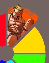 Rule 34 | 1boy, abs, averting eyes, bara, bare pectorals, blonde hair, breast bondage, bulge, color wheel challenge, colored tips, cropped legs, crotch bondage, embarrassed, facial hair, forked eyebrows, framed crotch, goatee stubble, highres, japanese clothes, kimetsu no yaiba, kimono, knee up, large pectorals, male focus, mature male, medium hair, multicolored hair, multiple drawing challenge, muscular, muscular male, navel, nipples, open clothes, open kimono, pectorals, red hair, red rope, rengoku shinjurou, rope, shibari, smokerichi, solo, sparse navel hair, spread legs, stomach, stubble, thick eyebrows, thighs, unfinished