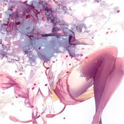 Rule 34 | 1girl, bad id, bad pixiv id, boots, cherry, cherry blossoms, detached sleeves, food, fruit, gradient background, hair ornament, hatsune miku, long hair, lyodi, nail polish, necktie, open mouth, petals, pink eyes, pink footwear, pink hair, pink nails, pink skirt, pink thighhighs, revision, sakura miku, skirt, smile, solo, thigh boots, thighhighs, twintails, very long hair, vocaloid