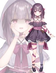 Rule 34 | 1girl, bare shoulders, black dress, blush, bow, brown hair, cape, capelet, character sheet, chocolate, choker, cloak, closed mouth, criss-cross halter, dot nose, dress, fallenshadow, female focus, flat chest, food-themed clothes, food-themed ornament, frilled dress, frilled thighhighs, frills, full body, grey cape, grey capelet, grey thighhighs, hair bow, halterneck, heart, heart-shaped pupils, highres, hood, hood up, indie virtual youtuber, leg ribbon, legs, looking at viewer, medium hair, multiple views, off shoulder, official art, petite, pink bow, pink choker, pink eyes, pink ribbon, ribbon, ribbon choker, rucaco, shaded face, short dress, sidelocks, simple background, single thighhigh, single wrist cuff, smile, standing, symbol-shaped pupils, thighhighs, virtual youtuber, waist bow, wrist cuffs, yandere, zettai ryouiki
