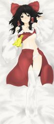 Rule 34 | 1girl, absurdres, ascot, bed sheet, black hair, blush, bow, breasts, brown eyes, clothes lift, dakimakura (medium), detached sleeves, embarrassed, female focus, full body, hair bow, hair tubes, hakurei reimu, highres, knees together feet apart, looking at viewer, lying, morodashi, navel, no bra, on back, open clothes, open skirt, panties, sheet grab, shirt lift, skirt, solo, thighhighs, touhou, underboob, underwear, wavy mouth, white panties, white thighhighs
