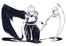 Rule 34 | 1girl, absurdres, black dress, black wings, bracer, breasts, cape, cleavage, commentary, detached sleeves, dress, english commentary, hatching (texture), highres, holding, holding scythe, hololive, hololive english, kneeling, large breasts, monochrome, mori calliope, notjapanesesushi, scythe, see-through, see-through sleeves, shadow, single detached sleeve, single wing, solo, spikes, v-shaped eyebrows, virtual youtuber, white background, wings