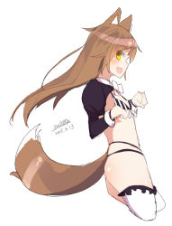Rule 34 | 1girl, :d, animal ears, bikini, blush, brown hair, cropped legs, dated, fang, fox ears, fox tail, hair between eyes, hands up, juliet sleeves, long hair, long sleeves, maze (gochama ze gohan), open mouth, original, profile, puffy sleeves, shrug (clothing), signature, simple background, sketch, smile, solo, striped bikini, striped clothes, swimsuit, tail, thighhighs, vertical-striped bikini, vertical-striped clothes, very long hair, white background, white thighhighs, yellow eyes