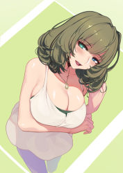 Rule 34 | 1girl, :d, bare shoulders, blue eyes, blush, breast hold, breasts, bright pupils, casual, cleavage, collarbone, dress, evan yang, foreshortening, green background, green eyes, green hair, half-closed eyes, hand in own hair, hand up, head tilt, heterochromia, idolmaster, idolmaster cinderella girls, jewelry, large breasts, looking at viewer, mole, mole under eye, multicolored hair, naughty face, necklace, open mouth, pantyhose, pendant, shiny skin, short hair, sleeveless, sleeveless dress, smile, solo, standing, streaked hair, takagaki kaede, tsurime, white dress, white pantyhose