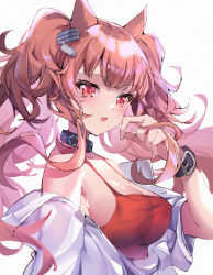 Rule 34 | 1girl, a fu jiade luo, absurdres, angelina (arknights), angelina (summer flower) (arknights), animal ears, arknights, black choker, brown eyes, brown hair, chinese commentary, choker, commentary request, fox ears, from side, hair ornament, hand in own hair, highres, infection monitor (arknights), looking at viewer, official alternate costume, one-piece swimsuit, parted lips, red one-piece swimsuit, see-through, simple background, solo, swimsuit, swimsuit cover-up, twintails, white background