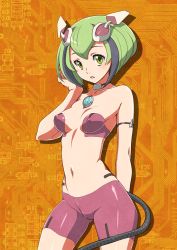 Rule 34 | 10s, 1girl, android, arm garter, bare arms, bare shoulders, bike shorts, blush, bra, breasts, cable, cable tail, circuit board, collarbone, covered erect nipples, date naoto, dimension w, green eyes, green hair, headgear, looking at viewer, matching hair/eyes, mechanical tail, multicolored hair, navel, parted lips, pink bra, pink shorts, short hair, shorts, small breasts, solo, standing, streaked hair, tail, two-tone hair, underwear, yurizaki mira