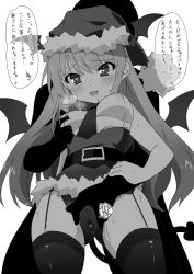 Rule 34 | 1girl, alternate costume, bat wings, blush, breasts, demon tail, drooling, covered erect nipples, garter belt, garter straps, gloves, greyscale, hat, head wings, heart, heart-shaped pupils, koakuma, kotomuke fuurin, long hair, monochrome, necktie, pussy juice, santa hat, smile, solo focus, spread pussy under clothes, sweat, symbol-shaped pupils, tail, thighhighs, touhou, translation request, wings