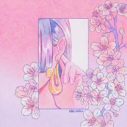 Rule 34 | 1girl, boa hancock, border, branch, cherry blossoms, close-up, commentary, earrings, english commentary, fingernails, gradient background, hair behind ear, hand up, highres, jewelry, little lilikoi, one piece, pink background, pink theme, plant, snake earrings, solo, twitter username