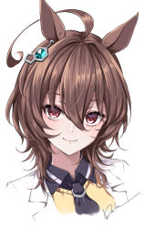 Rule 34 | 1girl, absurdres, agnes tachyon (umamusume), ahoge, animal ears, black necktie, brown hair, closed mouth, collared shirt, commentary request, earrings, hair between eyes, highres, horse ears, horse girl, jewelry, lab coat, looking at viewer, messy hair, necktie, portrait, red eyes, shirt, short hair, signature, simple background, single earring, smile, solo, sweater vest, umamusume, usagi koushaku, white background, yellow sweater vest