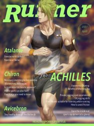 Rule 34 | 1boy, absurdres, achilles (fate), bare shoulders, bench, black shorts, black tank top, bulge, chiizu namasu, contemporary, covered erect nipples, earphones, english text, erection, erection under clothes, fate/grand order, fate (series), green hair, highres, looking to the side, male focus, navel hair, paid reward available, pectorals, paid reward available, running, short hair, shorts, sideburns, sitting, solo, stomach, sweat, tank top, toned, toned male, undercut