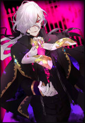 Rule 34 | coat, edmond dantes (fate), fate/grand order, fate (series), gloves, grey hair, hair over one eye, jewelry, long hair, pants, ponytail, red eyes, smile