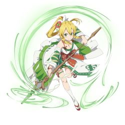 Rule 34 | 1girl, blonde hair, bow, breasts, cleavage, detached sleeves, floating hair, full body, green eyes, hair bow, hair ornament, high ponytail, holding, holding staff, large breasts, leafa, leaning forward, leg up, pointy ears, red ribbon, ribbon, ribbon-trimmed sleeves, ribbon trim, smile, solo, staff, sword art online, thigh strap, transparent background, white legwear, wrist ribbon