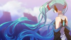 Rule 34 | 1girl, black sleeves, blue hair, blurry, blurry background, day, detached sleeves, floating hair, from behind, hair ornament, hatsune miku, highres, long hair, long sleeves, matsuda toki, outdoors, solo, standing, twintails, upper body, very long hair, vocaloid