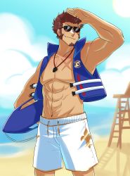 Rule 34 | 1boy, abs, absurdres, alternate costume, bare pectorals, beach, black-framed eyewear, blue eyes, brown hair, cross scar, day, facial hair, fate/grand order, fate (series), feet out of frame, goatee, highres, holding, holding surfboard, lifeguard, long sideburns, looking at viewer, male focus, male swimwear, muscular, muscular male, napoleon bonaparte (fate), navel, nipples, no nipples, pectorals, salute, sand, scar, scar on chest, short hair, sideburns, sleeveless, smile, solo, stomach, sunglasses, surfboard, swim trunks, vincent-san, whistle, whistle around neck, white male swimwear